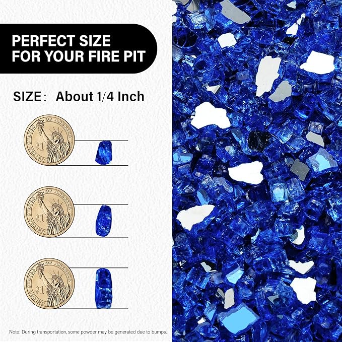 NUPICK 20 Pound Fire Glass, 1/4 Inch Reflective Fire Pit Glass, Tempered Firepit Glass Rock for Propane or Natural Gas, Glass Rocks for Fire Pit Table, Fireplace Glass for Landscaping, Blue