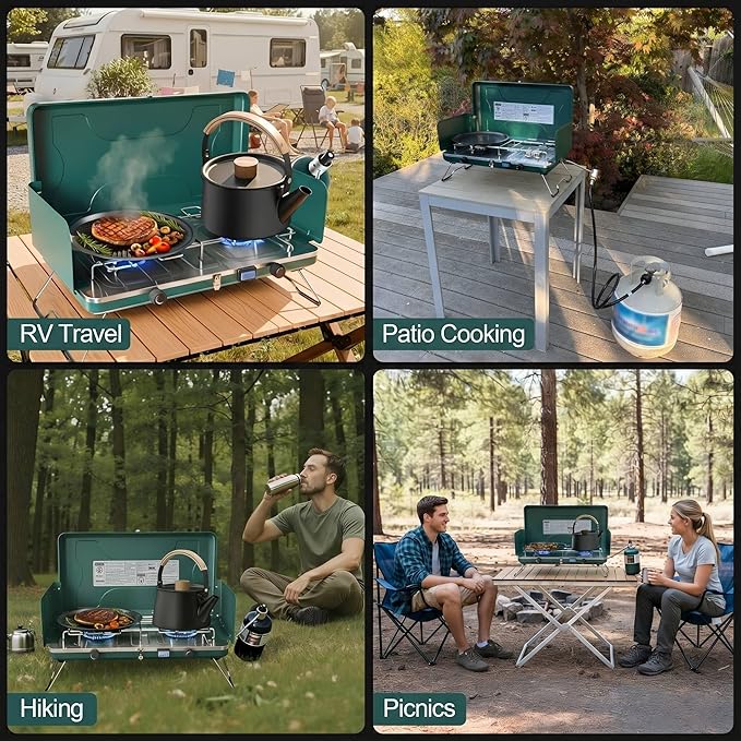 2 Burner Propane Stove, 20000BTU Portable Camping Stove with 2 Adjustable Burner and Wind Guards, Camping Cooktop with Ignition & Griddle for Camping,Tailgating, BBQ, Grilling,Outdoor Gear