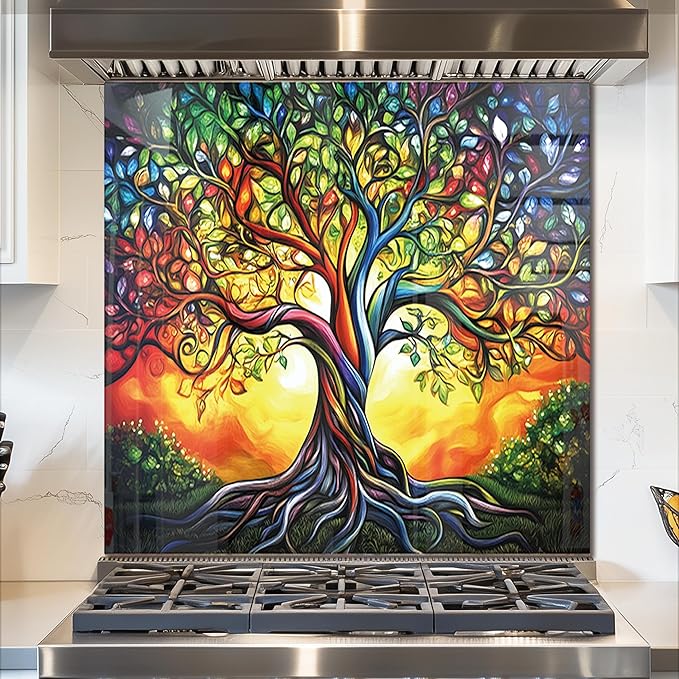 fzxwyishu Tree of Life,Tempered Glass Backsplash For Kitchen Behind Stove,Easy to Clean Kitchen Sink Cover Splash Guard, Home Kitchen Décor (color, 30"x30"(76.2x76.2cm))