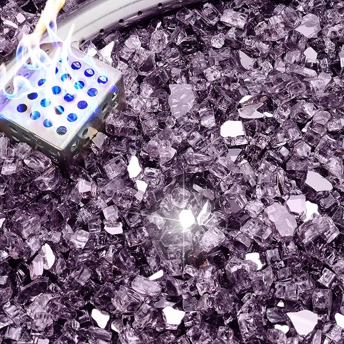 NUPICK 10 Pound Fire Glass, 1/4 Inch Reflective Fire Pit Glass, Tempered Firepit Glass Rock for Propane or Natural Gas, Glass Rocks for Fire Pit Table, Fireplace Glass for Landscaping, Violet