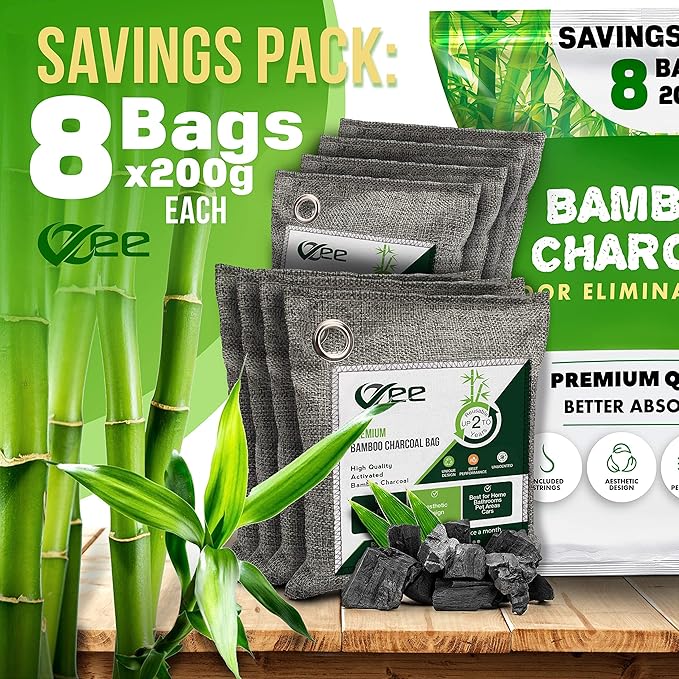 8 XL Bags x 200g Nature Fresh Activated Odor Absorber, Bamboo Charcoal Air Purifying Bag, Odor Eliminator for Home, Car, Cigarette Smoke, Dog, Cat, Shoes