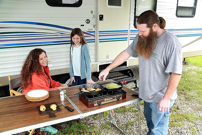 Koblenz PFK-200A 2 Burner Propane Stove, 8,000 BTU Portable Cooktop, Porcelain Cover, Manual Ignition, LP Gas, Camping Stoves for Outdoor, Tailgating, Cookouts, Bronze