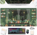 Cute Rainy Night Desk Mat Green Plants Desk Pad, Anime Black Cat Kawaii Large Gaming Mouse Pad, Moonlight Fireflies Deskmat Aesthetic Mousepad XXL, Laptop Keyboard Pad for Women Desk 31.5"x15.75"