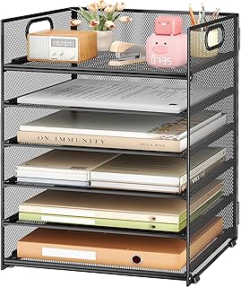 Subekyu 6 Tier Paper File Tray Organizer for Desk, Black Mesh Desk Letter Paper File Folder Accessories Sorter Organizer with Handle, Stackable Slide Tray for Office, Home or School Supplies Storage
