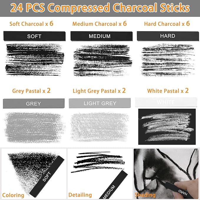 24 Pcs Compressed Charcoal Sticks with Soft, Medium, Hard and White Charcoal, Square Vine Charcoal Stick Kit for Drawing, Sketching and Shading, Art Supplies for Artists Beginners