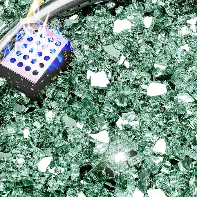 NUPICK 20 Pound Fire Glass, 1/4 Inch Reflective Fire Pit Glass, Tempered Firepit Glass Rock for Propane or Natural Gas, Glass Rocks for Fire Pit Table, Fireplace Glass for Landscaping, Green