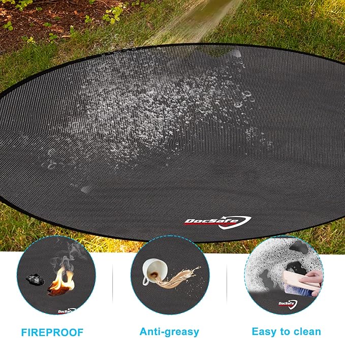 DocSafe 38" Round Fire Pit Mat for Solo Stove Accessories, 4-Layer Fireproof Under Grill Mat Heat Insulated Indoor Fireplace Pad Protector for Decks, Patios,Reusable Oil-Proof and Waterproof, Black