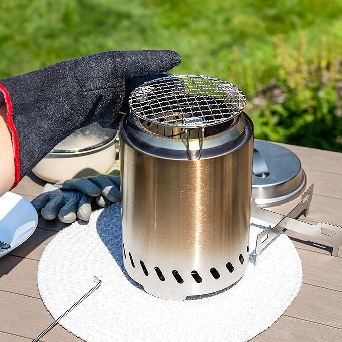 Sunnydaze 3-Piece Smokeless Tabletop Fire Pit Accessory Kit - Round Lid, Portable Fire Pit Stand, and Cooking Grate - Stainless Steel - 7.25"