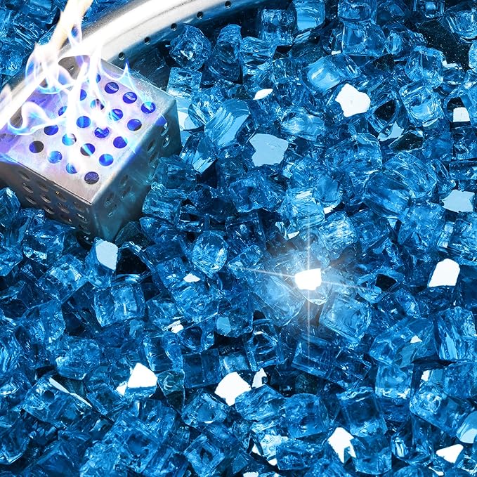 NUPICK 10 Pound Fire Glass, 1/2 Inch Reflective Fire Pit Glass, Tempered Firepit Glass Rock for Propane or Natural Gas, Glass Rocks for Fire Pit Table or Fireplace, Pacific Blue Reflective