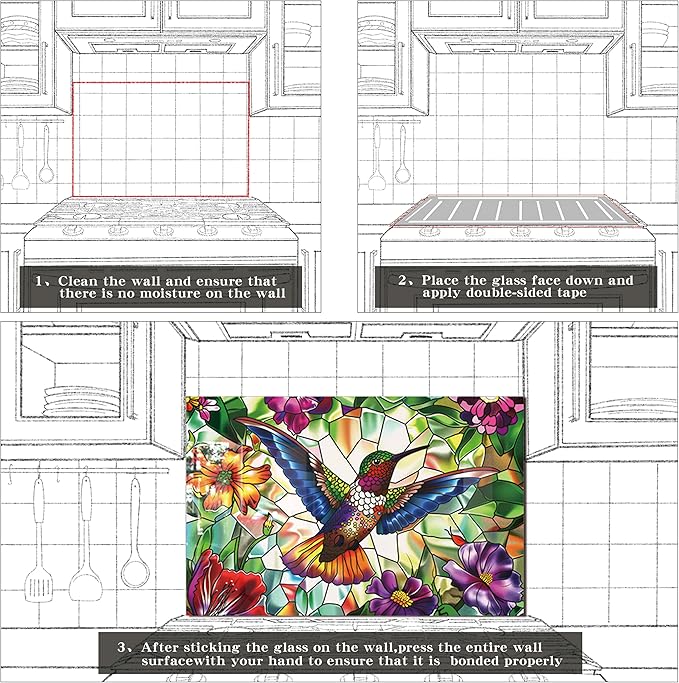fzxwyishu Tempered Glass Kitchen Backsplash, Stove Back Top Cover, Splashback Tile,Hummingbird Kitchen Sink Cover Splash Guard, Home Kitchen Decor (Art Deco 2, 30"x24"(76.2x60.96cm))