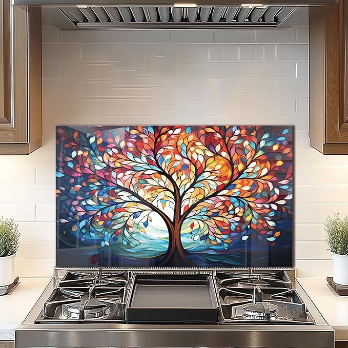 DAIFURONGE Tempered Glass Backsplash for Kitchen, Tree of Life Art Stove Backsplash Protector - Easy to Clean Wall Decor (Art Deco 2, 30"x18"(76.2x45.72cm))