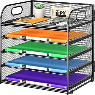 Cawukege 5 Tier Paper Organizer with Handle, Black Metal Mesh Desk Organizer File Folder Paper Letter Tray Desktop Document Sorter for Classroom, School, Office Accessories Organization and Storage