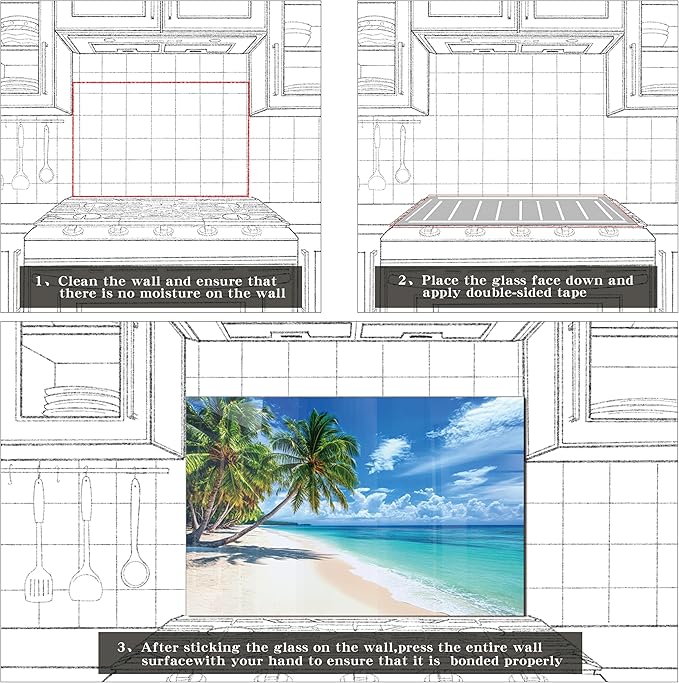 fzxwyishu Tempered Glass Backsplash for Kitchen,Stove Splashback Protector Beach Scenery Design | Heat-Resistant Splash Board, Kitchen Wall Decoration (Art Deco 2, 30"x30"(76.2x76.2cm))