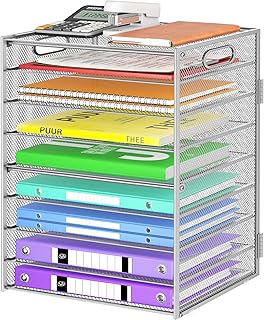 Cawukege 9 Tier Paper Organizer with Handle, Large Capacity Desk Organizer Mesh File Folder Letter Paper Tray Desktop Document Sorter for Classroom, School, and Office Accessories Organization- Silver