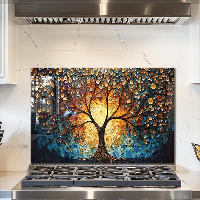 fzxwyishu Tree of Life,Tempered Glass Backsplash For Kitchen Behind Stove,Easy to Clean Kitchen Sink Cover Splash Guard, Home Kitchen Décor (blue, 30"x20"(76.2x50.8cm))