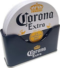 Corona 6 pc Coaster Set with Standing Metal Holder, White and Blue
