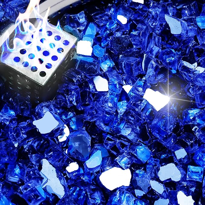NUPICK 5 Pound Fire Glass, 1/2 Inch Reflective Fire Pit Glass, Tempered Firepit Glass Rock for Propane or Natural Gas, Glass Rocks for Fire Pit Table, Fireplace Glass for Landscaping, Blue