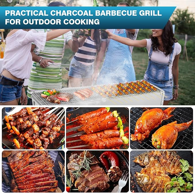 IRONWALLS Portable Charcoal Grills, 32" x 8" Stainless Steel Folded Camping Grill Kebab Skewer Barbecue Grill Kit for Garden Backyard Party Picnic Travel Home Outdoor Cooking Use