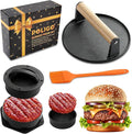 POLIGO Smash Burger Press Kit - 4 in 1 Hamburger Patty Storage Containers, 6.69" Cast Iron Smash Bacon Press - Non Stick Smash Burger Press Set for Grill and Griddle Cooking, Black Round