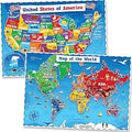 Momo & Nashi United States Map For Kids & World Maps For Kids 2pc Set - 24” x 16” Waterproof Classroom Posters - Childs World Map - Teacher Classroom Must Haves - Homeschool Teacher School Supplies