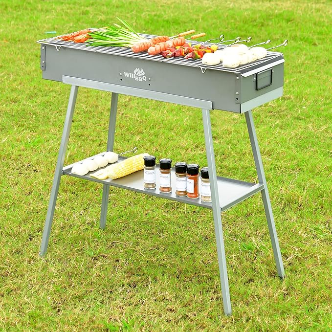 WILLBBQ Charcoal Grills Commercial Quality Portable Hibachi BBQ Lamb Skewer Detachable‌ Camping Barbecue Grill for Backyard Outdoor Cooking Use(31.6x10.3x5.1 inch)
