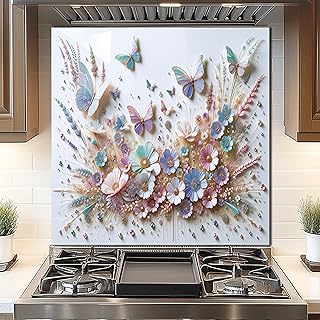 DAIFURONGE Tempered Glass Backsplash For Kitchen,3D Butterfly Flower Gesign Stove Backsplash Panel,Easy to Clean,Wall Decor (Art Deco 1, 30"x30"(76.2x76.2cm))