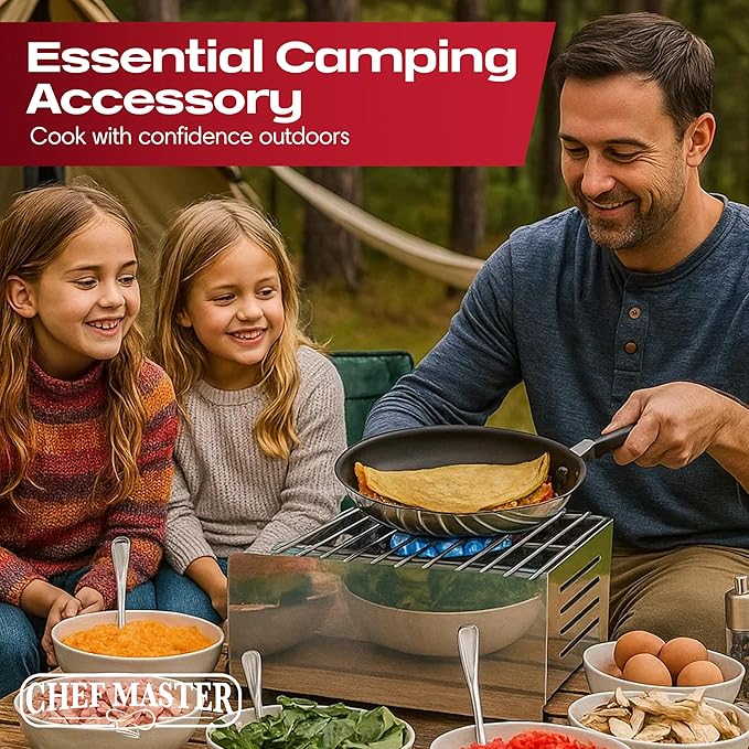 Chef Master Butane Stove Cover - Premium Stainless Steel Universal Fit - Any Standard Size Camping Stove - Portable Screen & Camping Wind Blocker - Camp Essentials for Outdoor & Indoor Cooking 90217