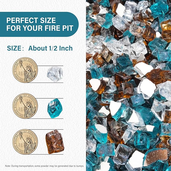 NUPICK 20 Pound Fire Glass, 1/2 Inch Reflective Fire Pit Glass, Tempered Firepit Glass Rock for Propane or Natural Gas, Glass Rocks for Fire Pit Table or Fireplace, Aqua Blue & Copper & Platinum Mix