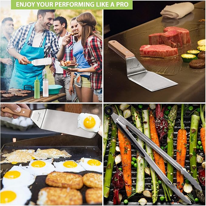 Metal Spatula Set Stainless Steel and Scraper - Professional Chef Griddle Spatulas Set of 6 - Heavy Duty Accessories Great for Cast Iron BBQ Flat Top Grill Skillet Pan