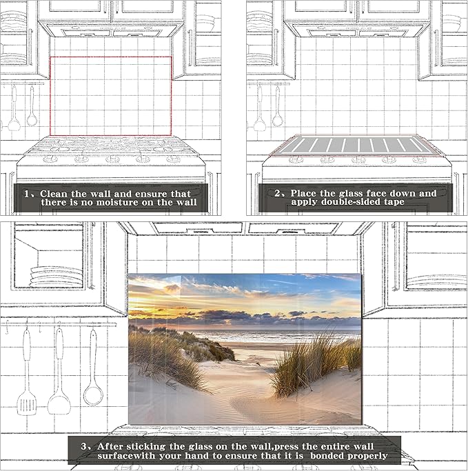 fzxwyishu Tempered Glass Backsplash for Kitchen,Stove Splashback Protector Beach Scenery Design | Heat-Resistant Splash Board, Kitchen Wall Decoration (Art Deco 1, 30"x16"(76.2x40.64cm))