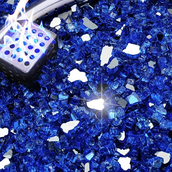 NUPICK 20 Pound Fire Glass, 1/4 Inch Reflective Fire Pit Glass, Tempered Firepit Glass Rock for Propane or Natural Gas, Glass Rocks for Fire Pit Table, Fireplace Glass for Landscaping, Blue