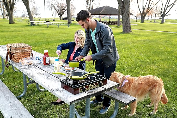 Koblenz PFK-200A 2 Burner Propane Stove, 8,000 BTU Portable Cooktop, Porcelain Cover, Manual Ignition, LP Gas, Camping Stoves for Outdoor, Tailgating, Cookouts, Bronze