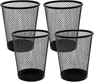 SLSON 4 Pack Pen Holder Metal Mesh Pencil Holders Round Shaped Pen Holders for Desk Office Wire Mesh Container Pen Organizer,Black