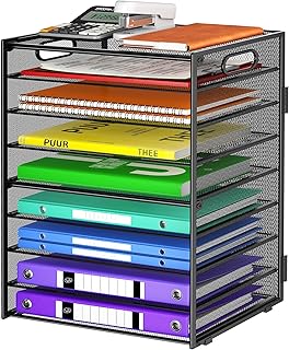 Cawukege 9 Tier Paper Organizer with Handle, Black Large Capacity Desk Organizer Mesh File Folder Letter Paper Tray Desktop Document Sorter for Classroom, School, and Office Accessories Organization