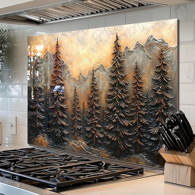 fzxwyishu Tree of Life,Tempered Glass Backsplash For Kitchen Behind Stove,Easy to Clean Kitchen Sink Cover Splash Guard, Home Kitchen Décor (brown, 30"x24"(76.2x60.96cm))