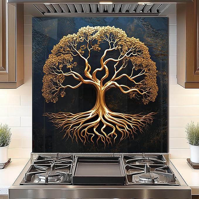 DAIFURONGE Tempered Glass Backsplash for Kitchen, Tree of Life Art Stove Backsplash Protector - Easy to Clean Wall Decor (Art Deco 1, 30"x30"(76.2x76.2cm))
