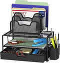 Simple Houseware Mesh Desk Organizer with Sliding Drawer, Double Tray and 5 Stacking Sorter Sections, Black