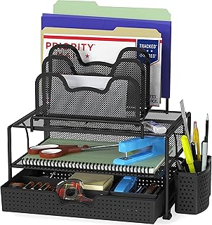 Simple Houseware Mesh Desk Organizer with Sliding Drawer, Double Tray and 5 Stacking Sorter Sections, Black