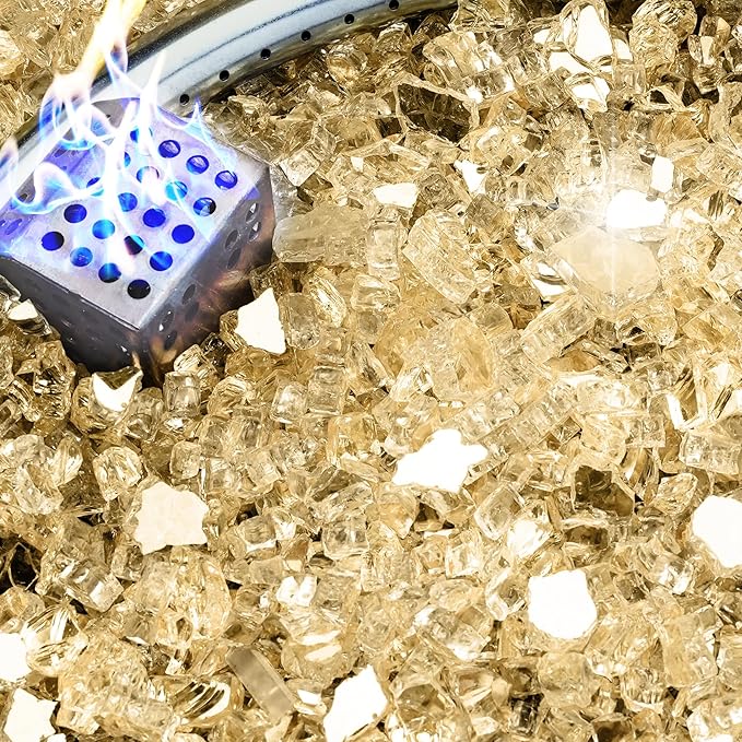 NUPICK 10 Pound Fire Glass, 1/4 Inch Reflective Fire Pit Glass, Tempered Firepit Glass Rock for Propane or Natural Gas, Glass Rocks for Fire Pit Table, Fireplace Glass for Landscaping, Gold