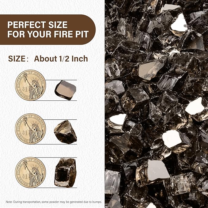 NUPICK 10 Pound Fire Glass, 1/2 Inch Reflective Fire Pit Glass, Tempered Firepit Glass Rock for Propane or Natural Gas, Glass Rocks for Fire Pit Table, Fireplace Glass for Landscaping, Bronze