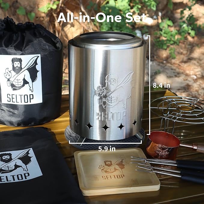 SELTOP Smokeless Tabletop Fire Pit 8.4 x 5.9 in, Stainless Steel Low Smoke Camping Stove for Patio & Outdoor, Fueled by Pellets & Wood, Portable Mini Firepit with Travel Bag, 4 Sticks & BBQ Grill