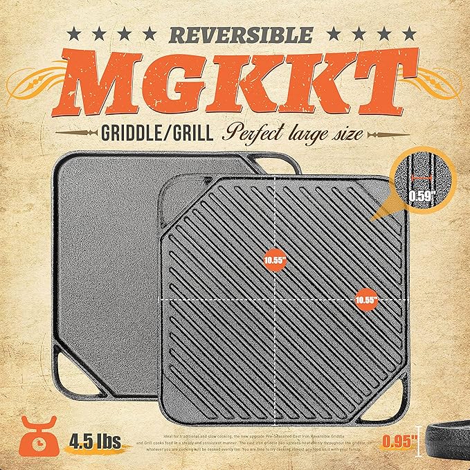 1-Piece 10.6 inch Cast Iron Griddle Plate | Reversible Square Cast Iron Grill Pan for Single burner| Double Sided Used on Open Fire & in Oven | Pre-Seasoned |Versatile Baking Griddle