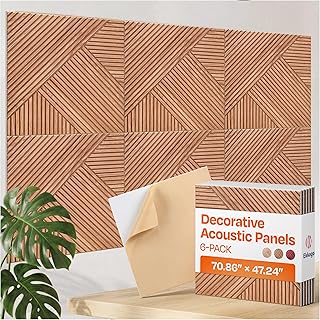 XL Acoustic Wall Panels 6-Pack Decorative Acoustic Panels High Density Sound Absorbing Wall Art 70.86X47.24 Inches with Self-adhesive for Studio Home and Office - Teak Wood Finish