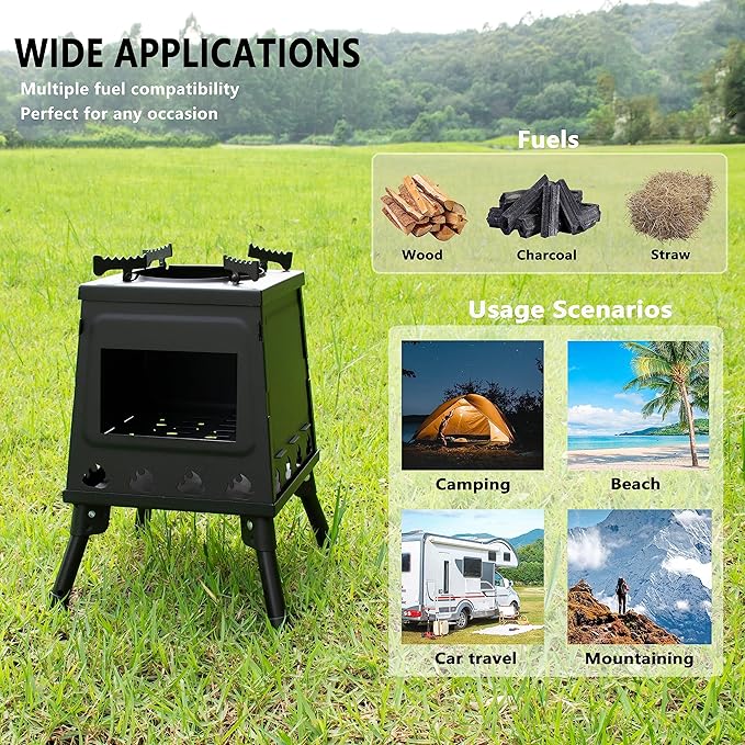 Wood Burning Stove, Portable Camping Wood Stove, Backpacking Folding Tent Heater, Small Outdoor Camp Stove with Carrying Bag, for Cooking Heating Picnic hiking BBQ Travel RV