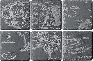 LOTR Middle Earth Map Coasters Set of 6 - Fantasy Slate Drink Coasters with Inspired Engraved Design Gift Set - Unique Barware & Home Decor for Lord of The Rings Fans Gifts, Coffee Table Protection