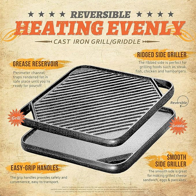 1-Piece 10.6 inch Cast Iron Griddle Plate | Reversible Square Cast Iron Grill Pan for Single burner| Double Sided Used on Open Fire & in Oven | Pre-Seasoned |Versatile Baking Griddle